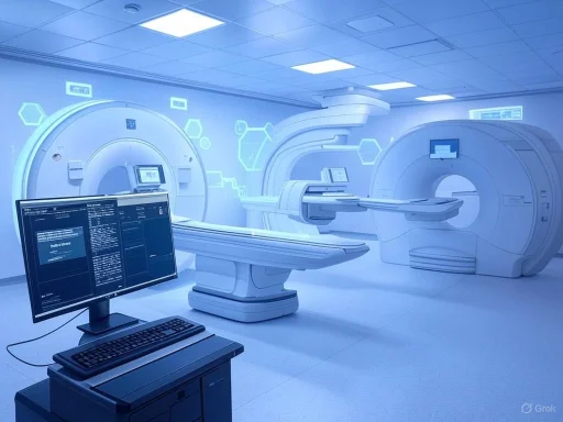 A futuristic MRI scan room with advanced imaging machines and a computer console.