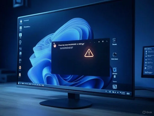 A computer monitor displays a warning alert with a caution symbol on a blue-themed desktop background.
