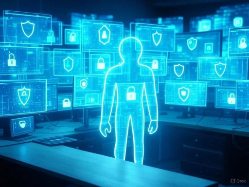 A digital hologram of a human silhouette surrounded by multiple security shield icons in a high-tech cybersecurity setup.