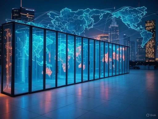A digital world map projection is displayed over a glass structure on a cityscape rooftop at night.