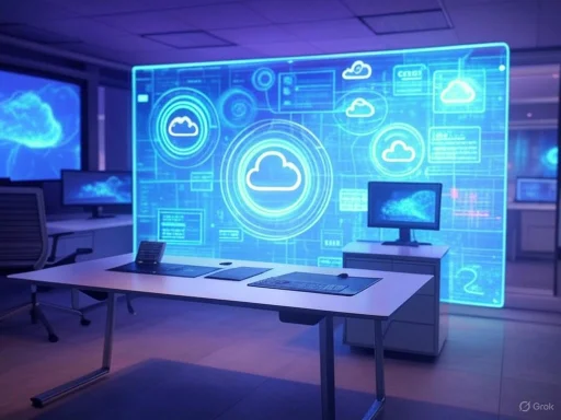 A control room with multiple monitors and holographic cloud computing graphics projected on a large screen.