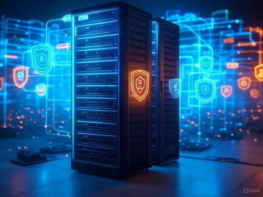 Data security and protection concept illustrated with server racks and digital shield icons.