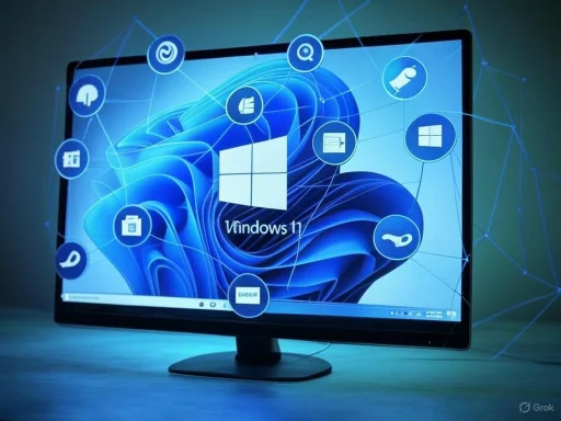 A computer monitor displays a Windows 11 interface with various app icons and digital graphics overlaying the screen.