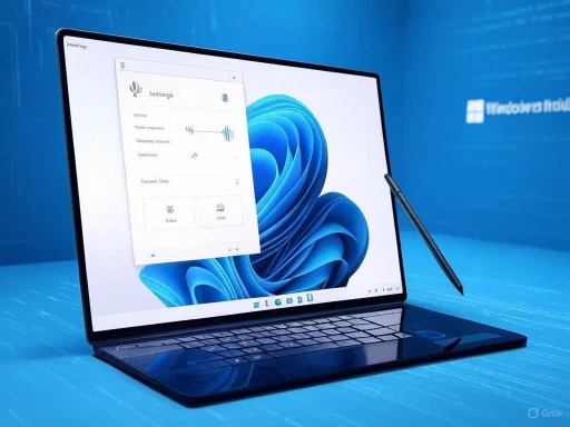 A laptop with a stylus displaying a voice recording app, set against a blue background with Windows 11 branding.