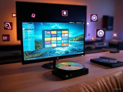 A computer monitor displays a colorful desktop interface, with a DVD or CD disc on a player, in a modern home entertainment setup.