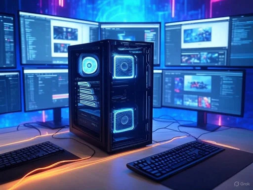 A sleek gaming or editing computer setup with multiple monitors displaying digital content and glowing LED lighting effects.