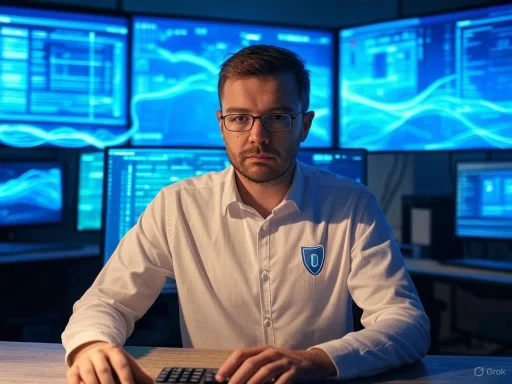 A serious man in glasses sits at a desk with multiple monitors displaying blue data visualizations.