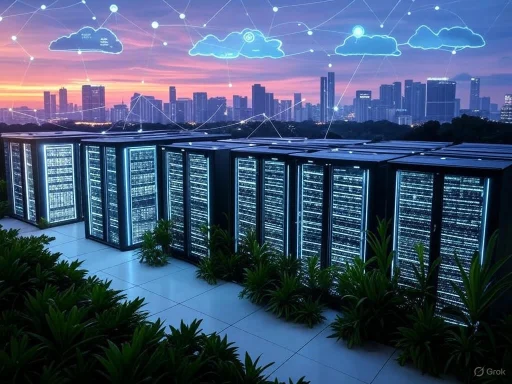 Row of illuminated data servers with a city skyline and cloud computing network overlay at sunset.