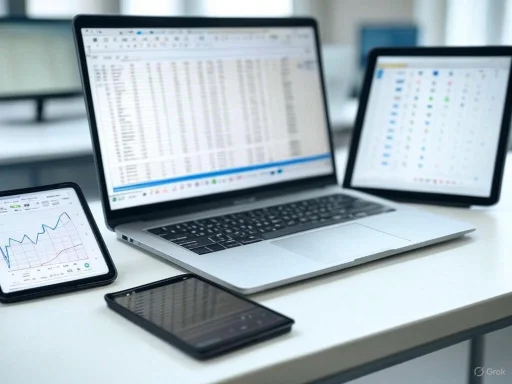 Multiple electronic devices displaying data and graphs on a white desk in an office setting.