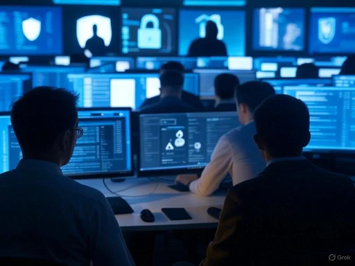 Cybersecurity professionals monitor multiple screens displaying security alerts and threat detection data.