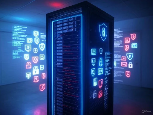 A server rack illuminated by blue neon lights with floating digital icons representing cybersecurity and data protection.