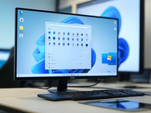A computer monitor displaying the Windows 11 desktop interface with a keyboard and mouse on a desk.