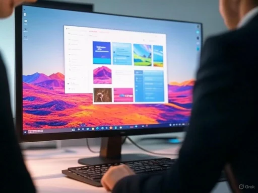 Two people view a computer screen displaying a colorful landscape wallpaper and a window with multiple application tiles.