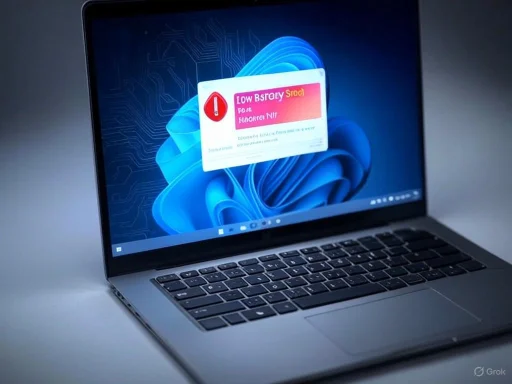 Laptop displaying a warning message about a low battery stand on the screen.