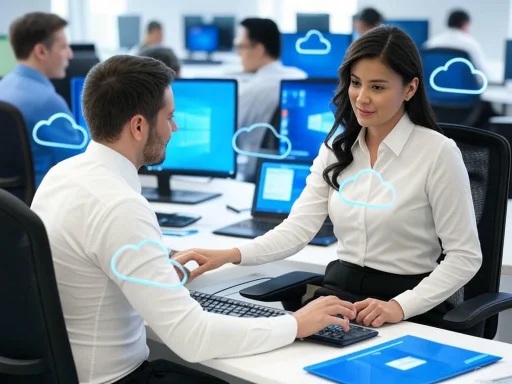 Two colleagues shake hands in a modern office with multiple computer screens, symbolizing cloud computing and collaboration.