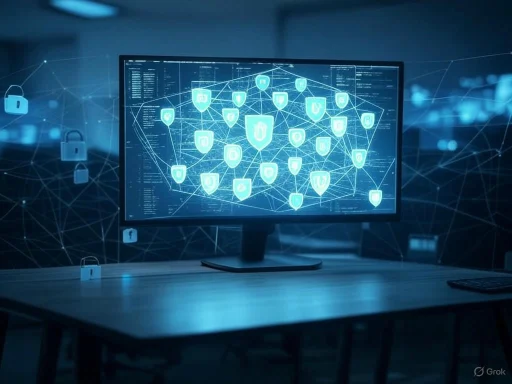 A computer monitor displaying a digital security network with interconnected shields and padlocks.