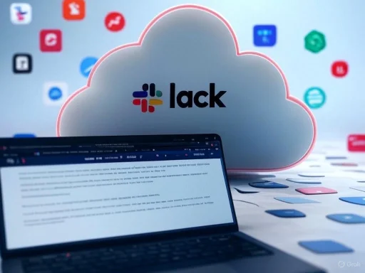 A laptop in front of a cloud-shaped sign with the Slack logo, surrounded by various app icons scattered around.
