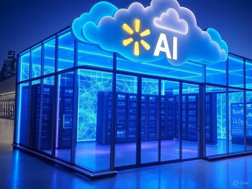 A futuristic, neon-lit AI data center enclosed in glass with lightning-like energy effects inside and a cloud with 'AI' and a cloud icon on top.
