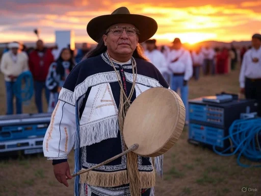 A Native American man holding a traditional drum during a sunset gathering with a group in the background.