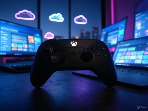 A gaming setup featuring an Xbox controller in front of multiple screens displaying cloud icons and digital interfaces.
