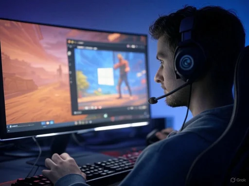 A person wearing a headset plays a video game on a large monitor in a dark room.