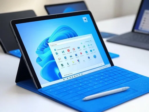A tablet with a blue keyboard case displaying the Windows 11 desktop and a stylus on a white table.