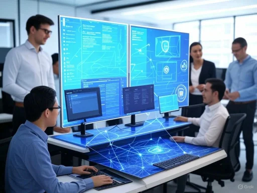 A team of professionals working with advanced computer technology and digital interfaces in a modern office.
