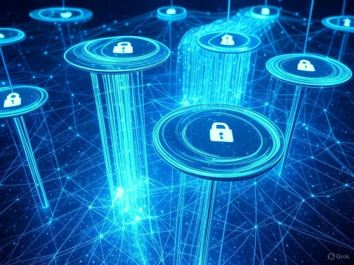 Digital lock icons on holographic discs represent cybersecurity and data protection in a futuristic digital network. Digital lock icons on holographic discs represent cybersecurity and data protection in a futuristic digital network.