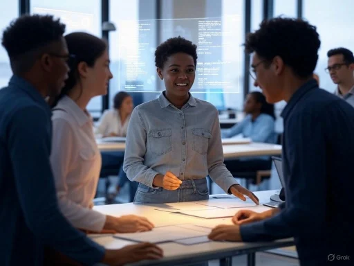 A diverse group of colleagues collaborating around a table in a modern office with digital screens and a bright, professional atmosphere.