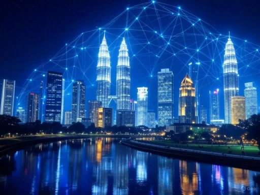 The Kuala Lumpur skyline at night features illuminated skyscrapers connected with digital network lines over the city.