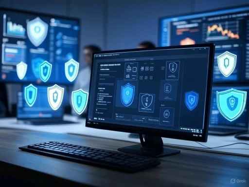 Cybersecurity analysts monitor threat protection data on multiple screens in a high-tech office.