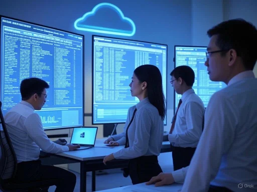 IT professionals analyze data on multiple monitors in a high-tech office with a cloud-shaped neon light.