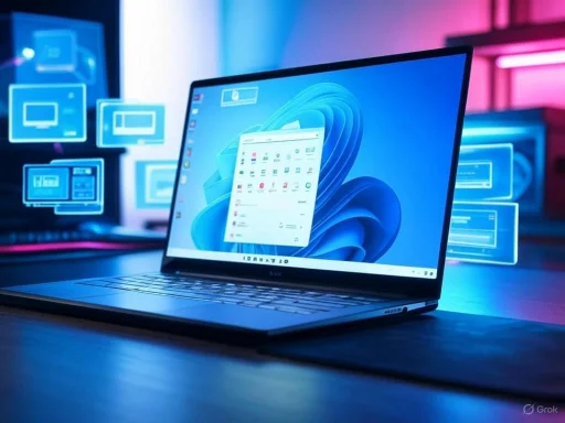 A sleek laptop displays a colorful interface against a background of multiple floating digital screens with a vibrant, tech-inspired lighting setup.