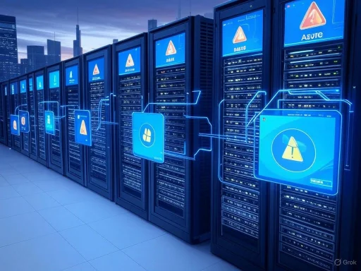 Dark city skyline with a row of server racks displaying warning alerts and digital graphics.
