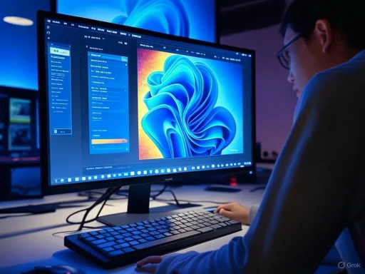 A person working on graphic design or photo editing on a computer with a large monitor displaying a vibrant digital image.