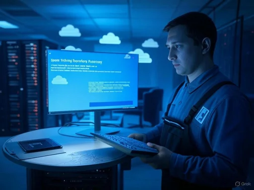 A technician works on a computer in a data center, with cloud icons on the background indicating cloud computing operations.