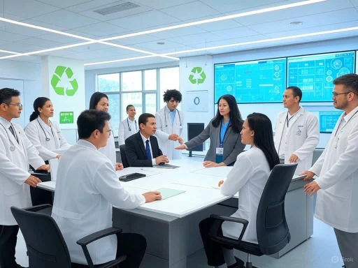 Medical team in a modern hospital conference room discussing patient care and treatment strategies.