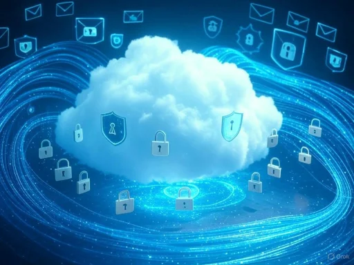 A digital cloud surrounded by security icons and encryption symbols, representing cloud data protection.
