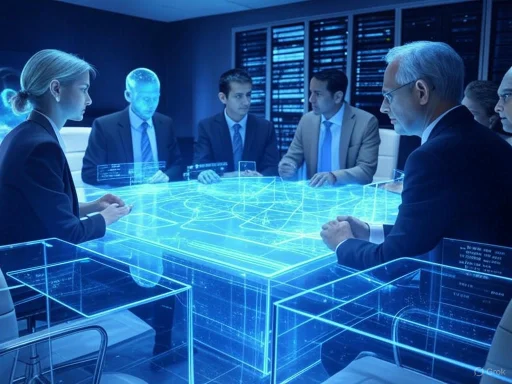 Business professionals analyze data on a holographic digital table in a high-tech server room.