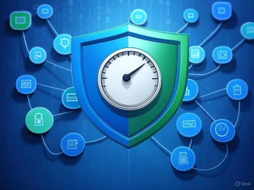 A digital illustration of cybersecurity, featuring a shield with a speedometer symbol, surrounded by various connection icons.