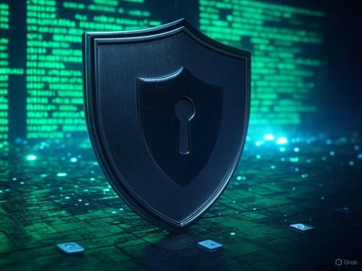 A digital shield with a lock symbol represents cybersecurity protection against cyber threats.