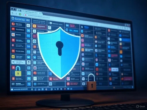 A computer screen displays a cybersecurity interface with a shield and lock icon, indicating data protection or security. A computer screen displays a cybersecurity interface with a shield and lock icon, indicating data protection or security.
