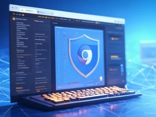 A laptop displaying a cybersecurity shield logo on the screen, surrounded by digital data graphics. A laptop displaying a cybersecurity shield logo on the screen, surrounded by digital data graphics.
