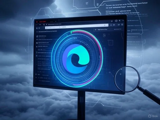 A futuristic computer display showing a digital analysis highlighted by a magnifying glass against a cloudy sky background.