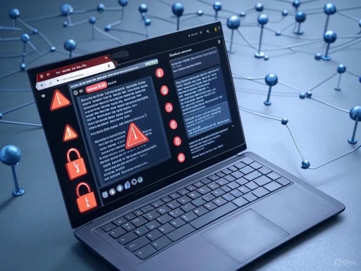 A laptop displays security warnings and alerts in a digital or cyber environment with interconnected nodes in the background.