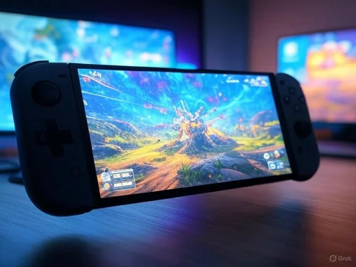 A Nintendo Switch displaying a colorful fantasy game scene on a wooden desk with two screens in the background.