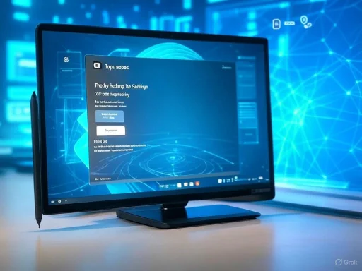 A computer monitor displaying a digital interface with a futuristic, data-driven background and some text in a foreign language.