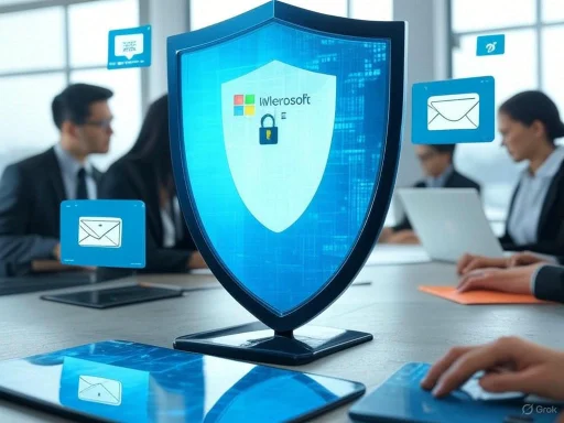 A digital shield with the Microsoft logo protects a computer network in a conference room setting.