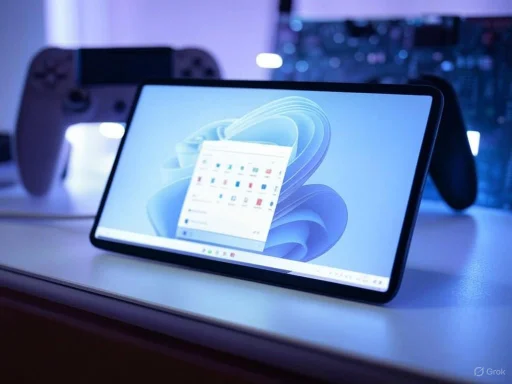 A tablet displaying a desktop screen is on a white surface, with gaming controllers and a console in the background.