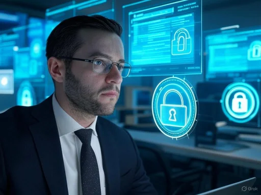 A man in a suit and glasses monitors cybersecurity screens with lock icons symbolizing digital security. A man in a suit and glasses monitors cybersecurity screens with lock icons symbolizing digital security.